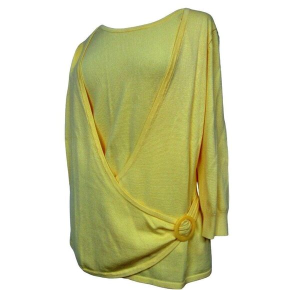 Fred David Como Front Wrap Faux 2 Pc Knit Top Raylon Blend Lemon Yellow Sz L NEW - Picture 1 of 9